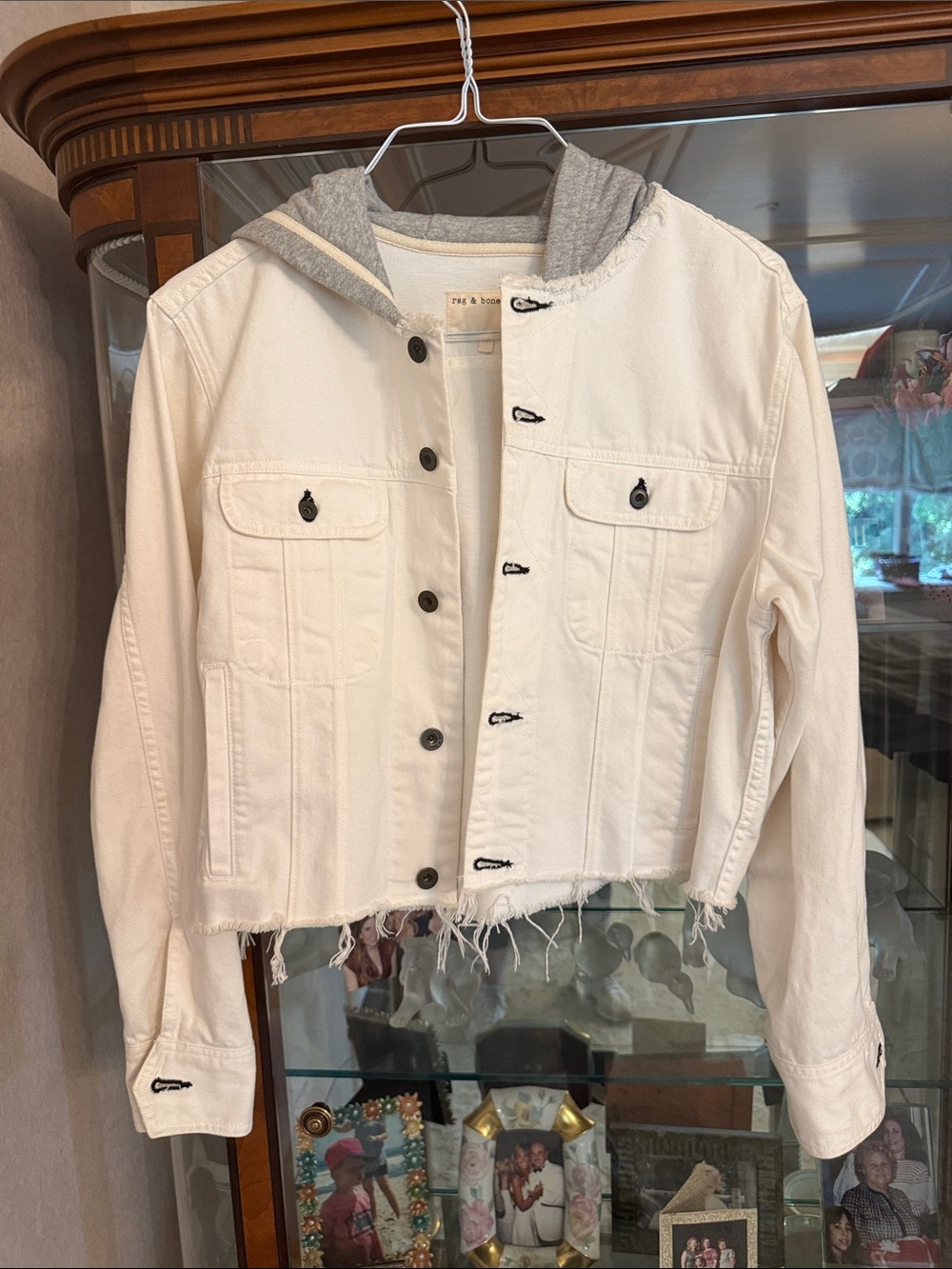 Rag and Bone White Cropped Denim Jacket with Gray Hood